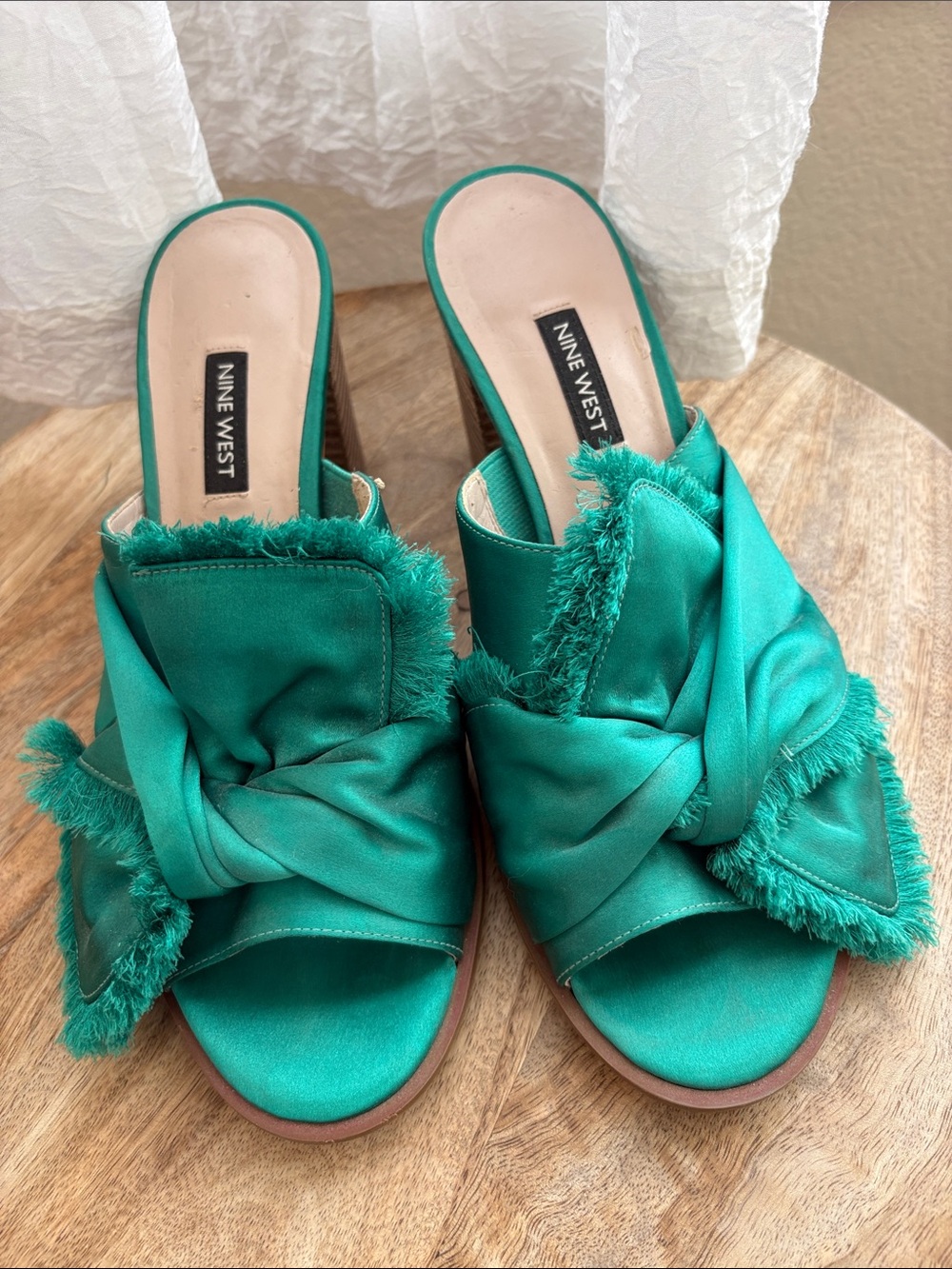 Nine West Teal Knotted Satin Slide Heels with Frayed Trim
